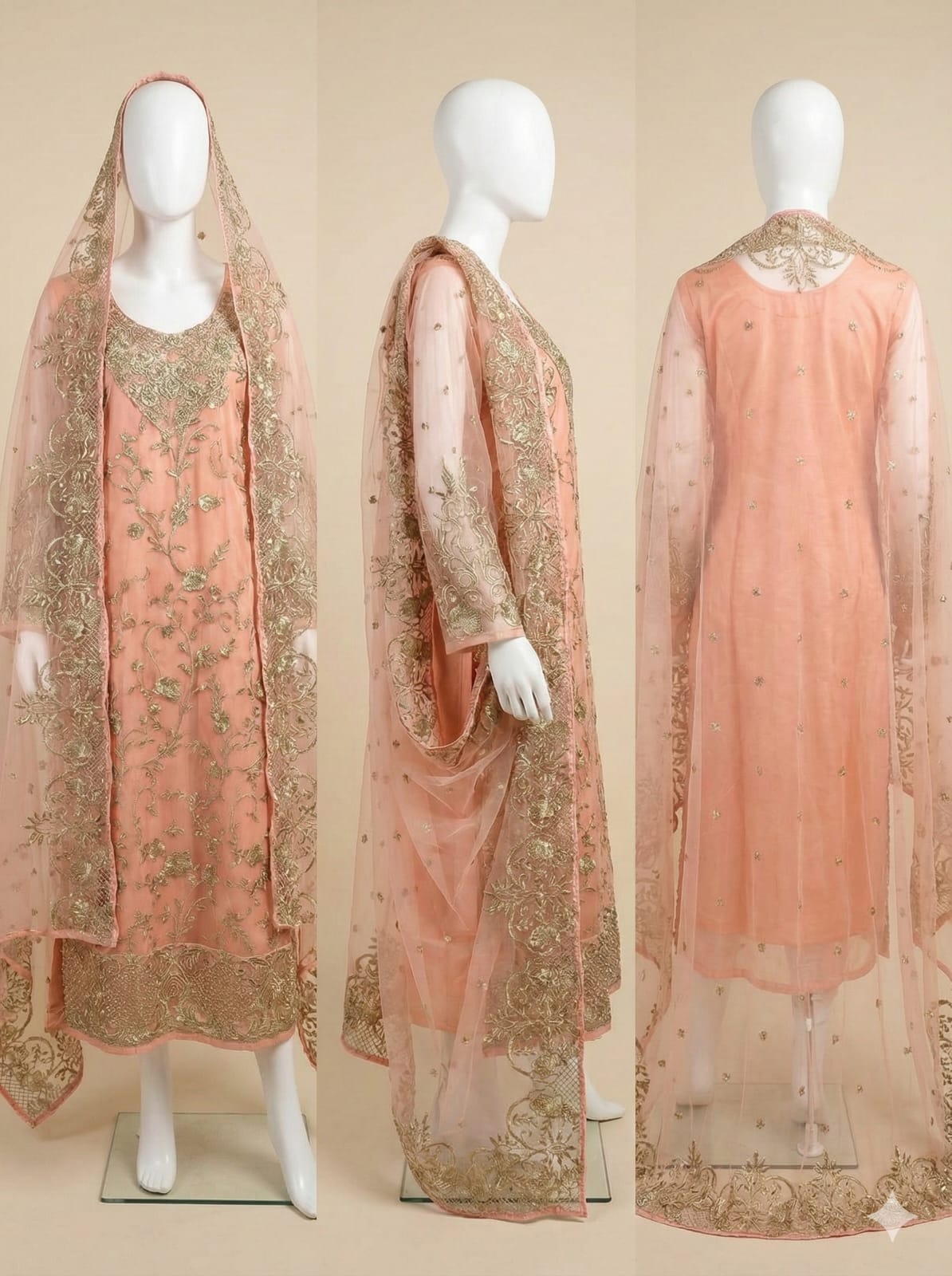 Peach Gold Embroidered 3-piece dress