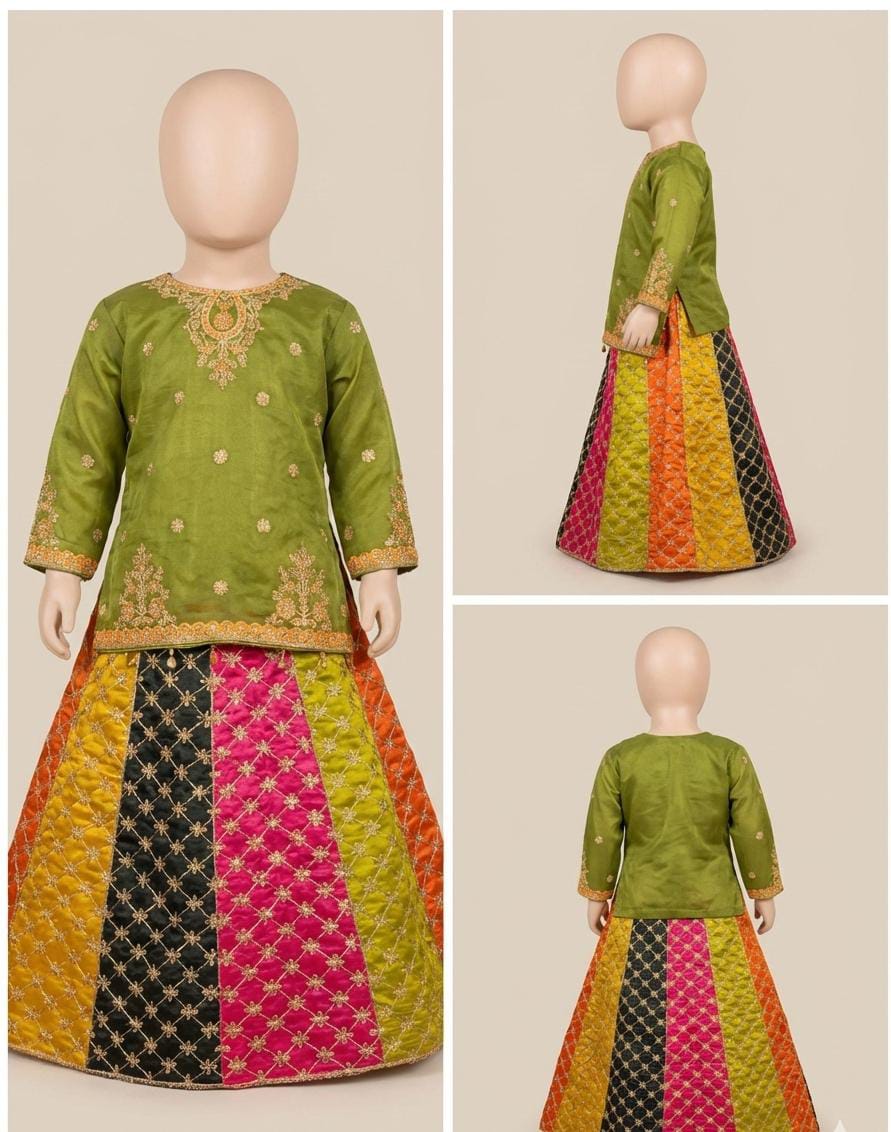 Multicolor Panelled Lehenga with Olive Waistband