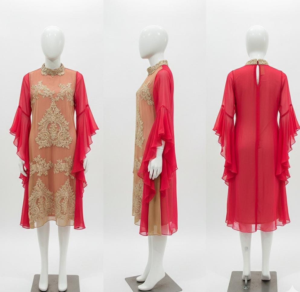 Beige & Red Embroidered Semi-Formal Shirt.