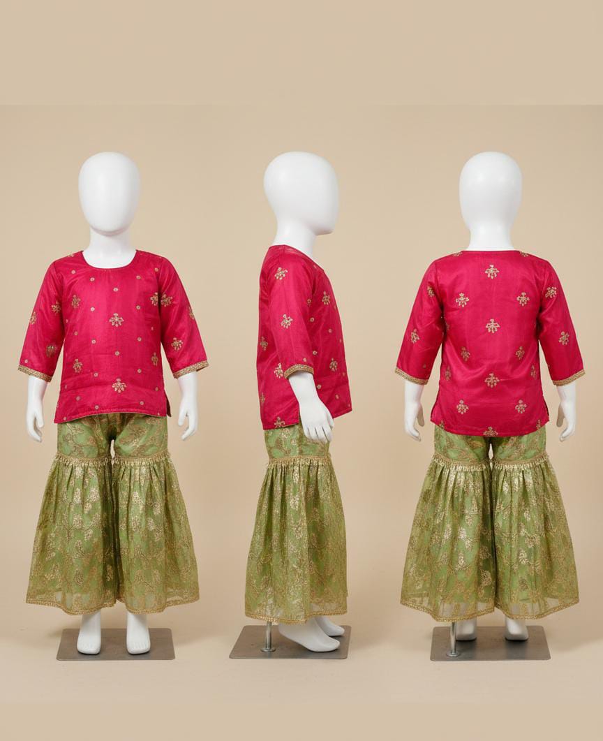 Rosy radiance Pink Kurti with Green Sharara Pants.