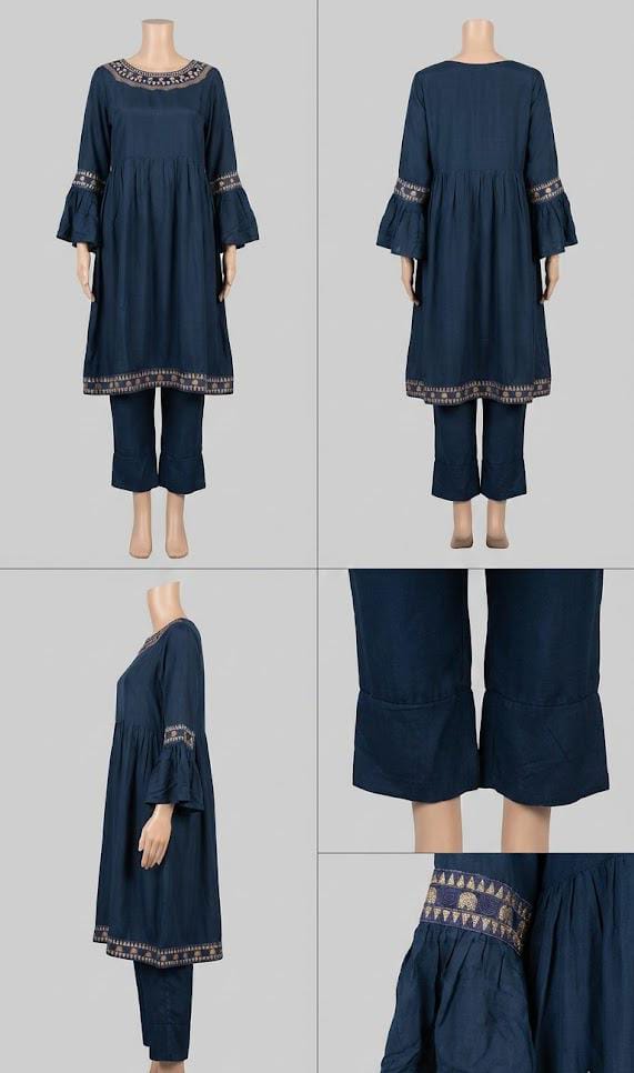 Elegant Navy & Gold Geo-Embroidered Frock Ensemble