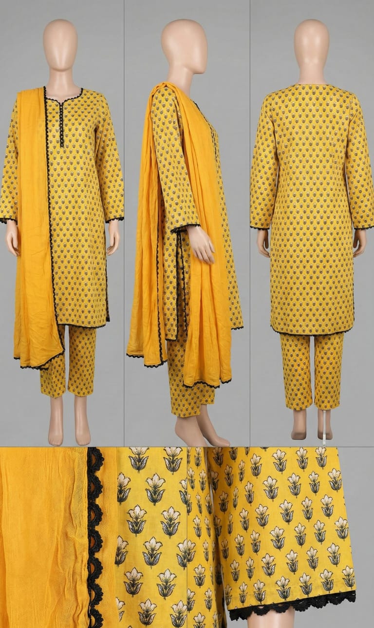 Sunshine Yellow Floral Print & Black Lace 3-Piece Suit
