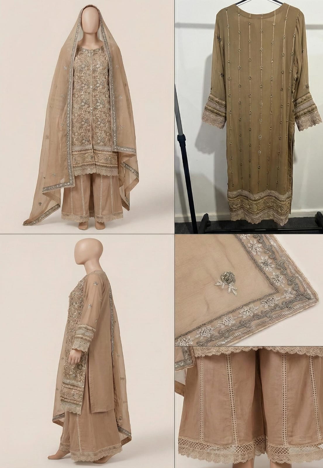 Light Brown Embroidered 3-Piece Ensemble with Lace Palazzos