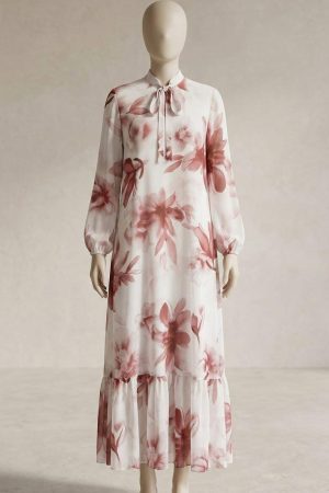 Soft Pink Watercolor Floral Tiered Maxi with Tie-Neck