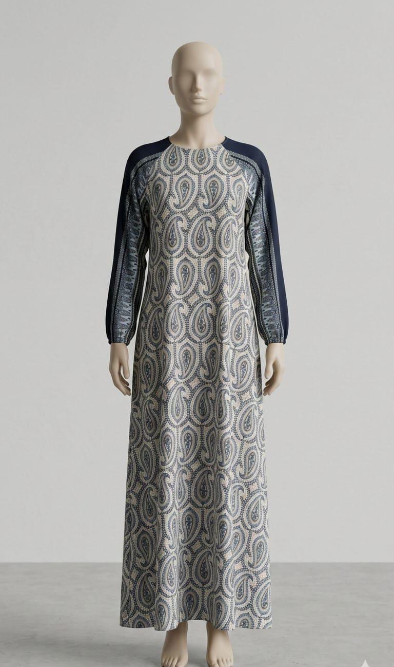 Classic Blue Paisley Print Dress with Contrast Navy Sleeves
